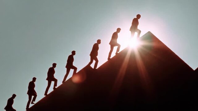 Silhouette of a businessman climbing a pyramid representing career growth. Steps showing progress towards success. Leadership and ambition concept