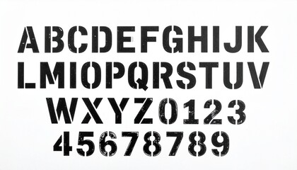 Distressed stencil font with bold uppercase letters and rugged numerals.