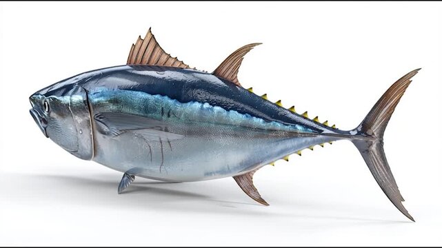 A realistic 3D rendering of a bluefin tuna fish, showcasing its sleek body and distinctive fins against a white background.