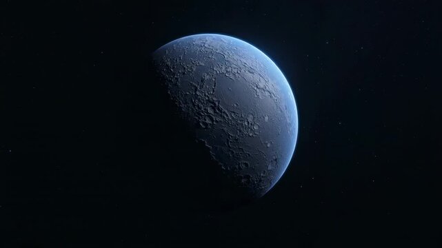 Rotating single cratered barren planet revealing crater details in deep outer space, with stars