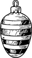Black and white hand drawn striped Christmas ornament in vintage sketch style. Classic festive decoration element on white background, perfect for holiday design