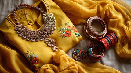 Yellow Indian outfit with jewelry and bangles Indian clothing