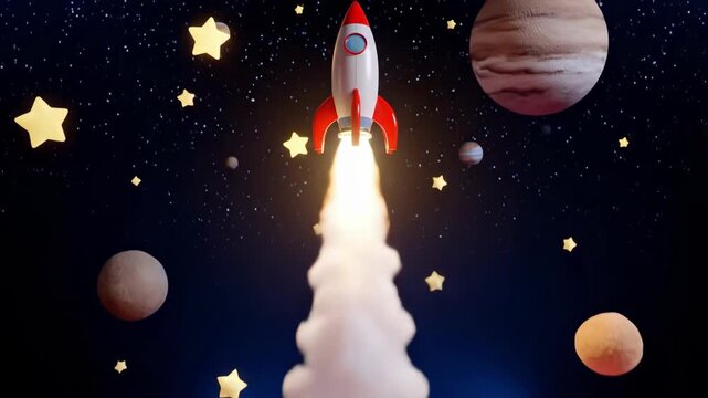 A 3D animated cartoon rocket launching into space. Spaceship takeoff from a colorful fantasy planet. Startup, growth, and adventure concept