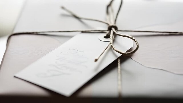 Wrapped present with tag tied with twine, reads "For, With Love