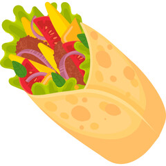 Delicious Cartoon Style Wrap Filled With Fresh Lettuce Sliced Tomatoes Red Onions Yellow Bell Peppers and Meat With A Soft Tortilla On A Transparent Background