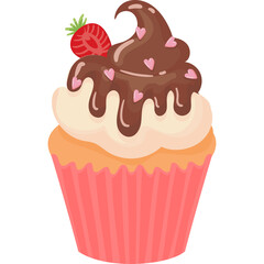 Delicious Chocolate Cupcake With Strawberry And Pink Frosting Decorated With Hearts On A Transparent Background