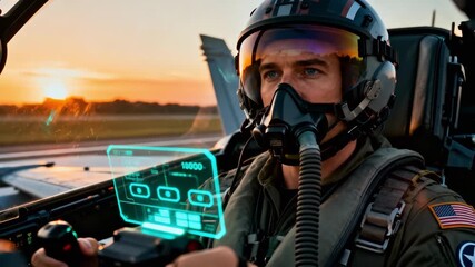 A fighter pilot in a cockpit with a futuristic holographic HUD. Close-up of an aviator in a helmet and oxygen mask at sunset. Advanced military aviation and technology concept