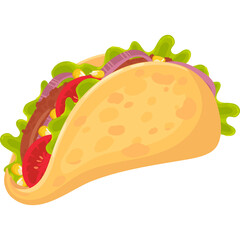 Delicious taco with lettuce tomato onion and meat filling on a transparent background in a flat design style