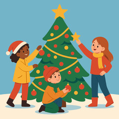 Fototapeta premium Children Decorating Christmas Tree with Ornaments and Star Flat Vector Illustration
