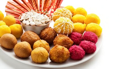 Assortment of doughnuts on a white plate, various flavors and toppings
