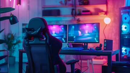 RGB LED lights, dual monitor desk with gaming chair, modern streaming studio background, vibrant TikTok live set.
