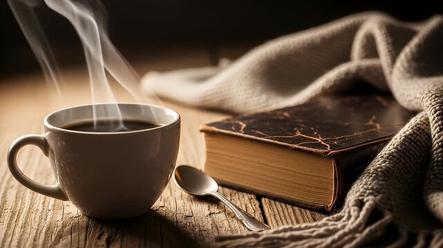 Steaming cup of coffee, spoon, old book, and cozy blanket on weathered wooden surface