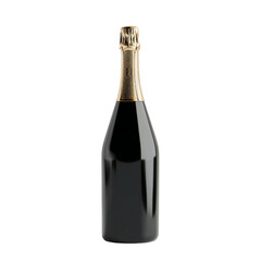 A sleek, black bottle of champagne with a shimmering gold foil cap, isolated on a pure transparent background, representing celebration and luxury