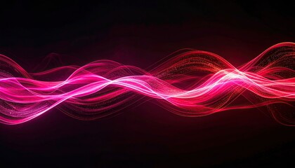 Abstract Digital Wave Of Glowing Pink And Red Particles Flowing On Black Background