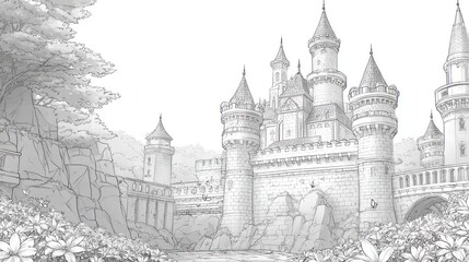 Naklejka premium Majestic fantasy castle with towers, battlements, arched bridges, and lush foliage