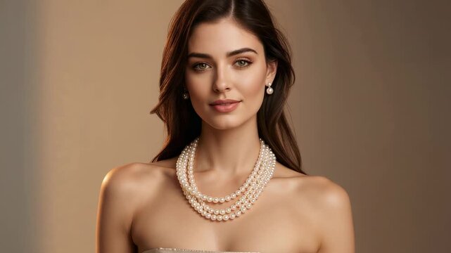 Opening zoom focusing on model tilting head showcasing pearl jewelry and strapless top in studio