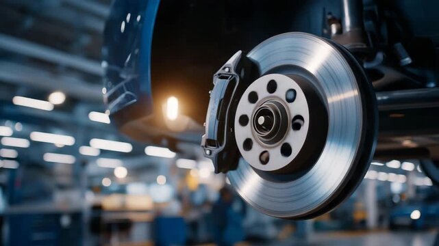 A mechanic repairs a car&rsquo;s brakes in a garage, with calipers clamping, rotors gleaming, a jack lifting, and a manual open nearby, shown in a precise photo with brake pads, rotor shines, and
