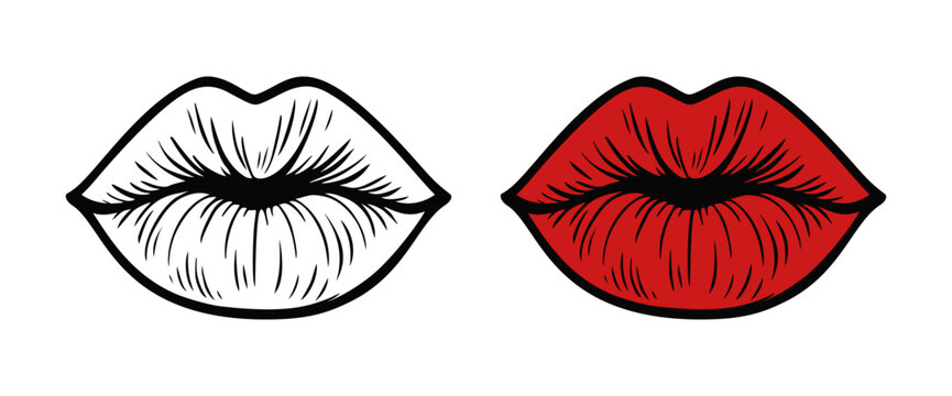 Red puckered glossy lips giving an air kiss doodle style. Ideal for logo, tattoo, app, coloring book, web design, infographics, banner, poster