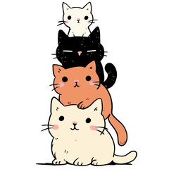 Stack of four cute little cats, one on top of other. Adorable animal tower design element on transparent background.