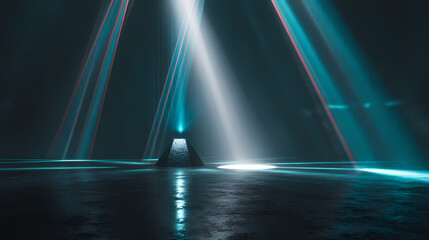 Mysterious illuminated object in a dark room with bright light rays