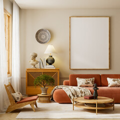 Modern japandi living room interior with poster frame and terracotta sofa. 3D illustration
