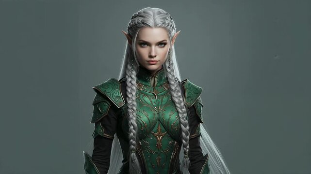 Showing female elf warrior standing in grey studio at start, wearing ornate green metal armor