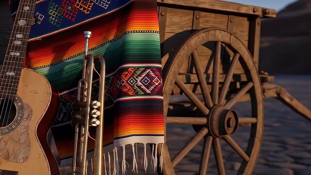 Still life featuring guitar, trumpet, colorful blanket, & old wooden wagon wheel