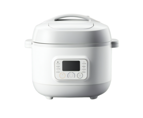 A modern white electric pressure cooker with a digital display and control buttons, isolated on a transparent background, showcasing its sleek design and functionality for convenient home cooking