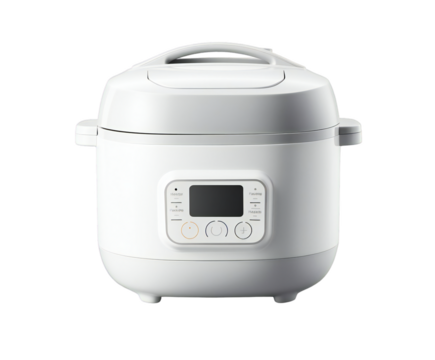 A modern white electric pressure cooker with a digital display and control buttons, isolated on a transparent background, showcasing its sleek design and functionality for convenient home cooking