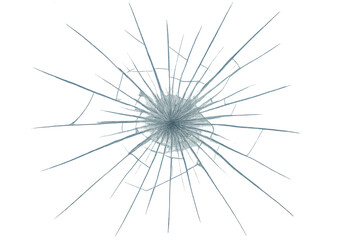 Obraz premium Shattered glass breaking from strong impact, radially spreading crack structure, transparent background object