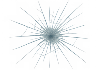 Shattered glass breaking from strong impact, radially spreading crack structure, transparent background object