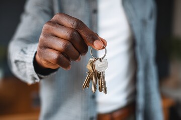 Black Guy Holding Keys. African American Man Offering Keys to New Apartment Buyer