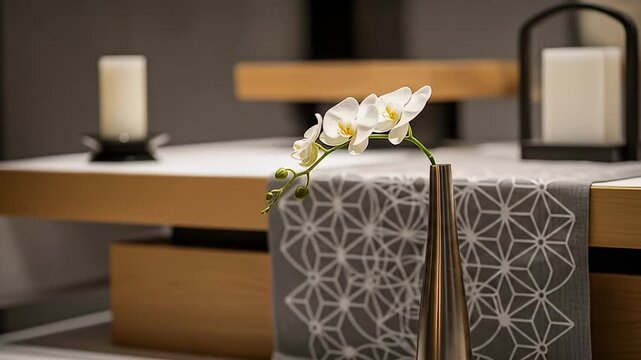 Zen interior with white orchids in a slender vase on a patterned grey runner