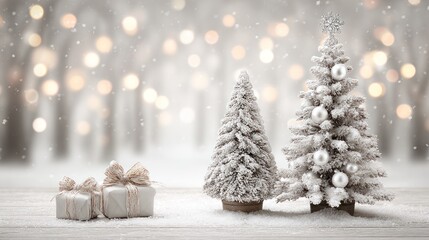 Two snow-covered Christmas trees with wrapped gifts, winter forest background