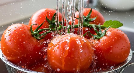 Fresh Tomatoes Being Washed Under Running Water in a Colander.