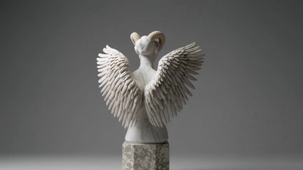 After frontal view, white marble sculpture rotating on square pedestal showing ram horns and wings - Powered by Adobe