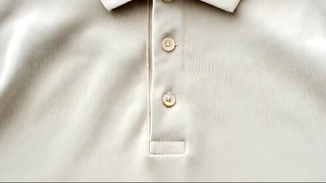 Close-up of a cream textured polo shirt with buttons and collar
