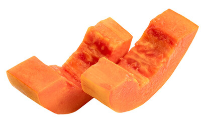Fresh, ripe papaya chunks, vibrant orange in color, arranged on a pristine. Perfect for healthy...