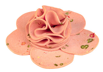Close-up of thin slices of spiced bologna sausage, also known as luncheon meat, arranged...