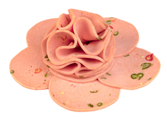 Close-up of thin slices of spiced bologna sausage, also known as luncheon meat, arranged decoratively on a white background. The pinkish-red meat contains visible green chili and red pepper pieces.