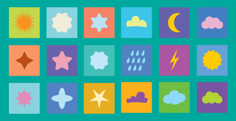 Bright graphic set of minimalist weather and celestial icons, perfect for backgrounds and creative design projects