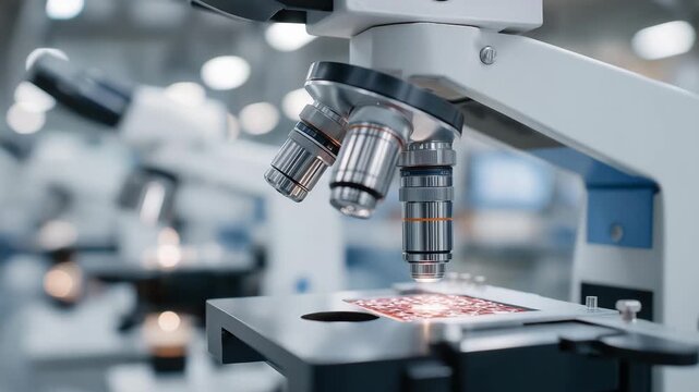 Detailed microscopic view of nanotechnology devices inside clean laboratory, symbolizing molecular engineering, futuristic medicine, and groundbreaking research in highly sterile environments.