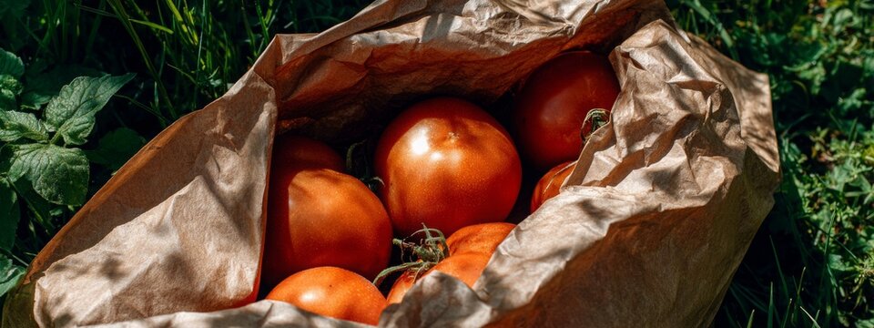 Fresh tomatoes arranged in a brown paper bag on a green background during a bright, sunny day