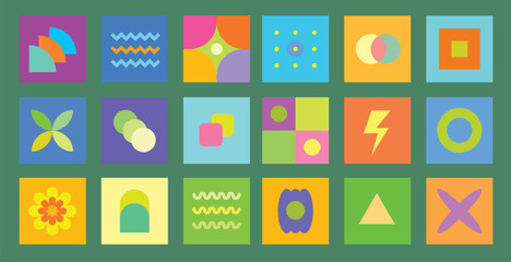 Vibrant abstract geometric shapes collection, modern minimalist vector graphics for backgrounds and design elements