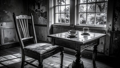 Abandoned Room with Chair and Table Set for Tea in Stark Black and White Light Rays Through Window