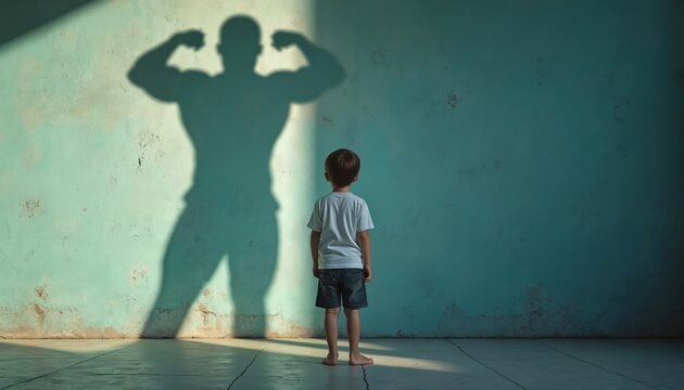 Little kid sees strong man shadow on wall. Boy dreams of future as powerful adult. Child imagines being big, fit, and muscled bodybuilder. He feels ambition, growth, power, strength.
