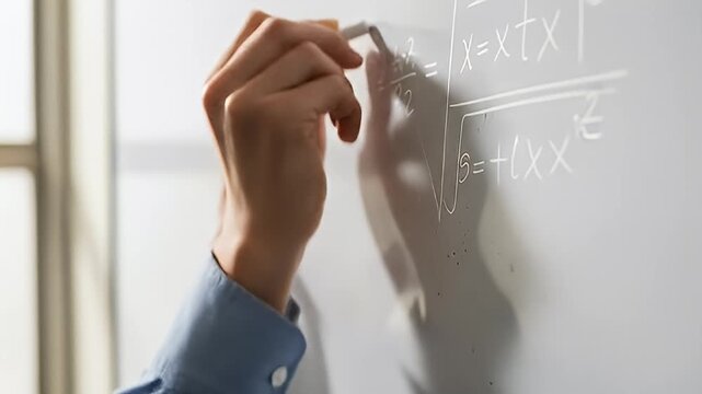 Hands write white mathematical equations with chalk on a white board surface