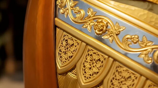 Close-up of golden ornate floral carvings on silver surface with bronze accents