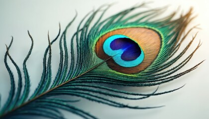 Obraz premium Beautiful vibrant peacock feather clearly shows iridescent eye spot pattern. Blue, green, brown colors create striking natural beauty. Detailed macro photo highlights elegant plumage texture,