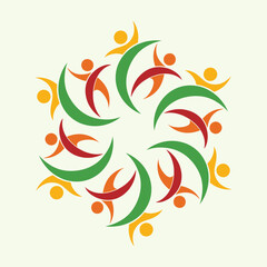 Colorful abstract teamwork and community spiral logo design. Vector illustration of people in a circular mandala pattern, symbolizing unity, diversity, partnership, support